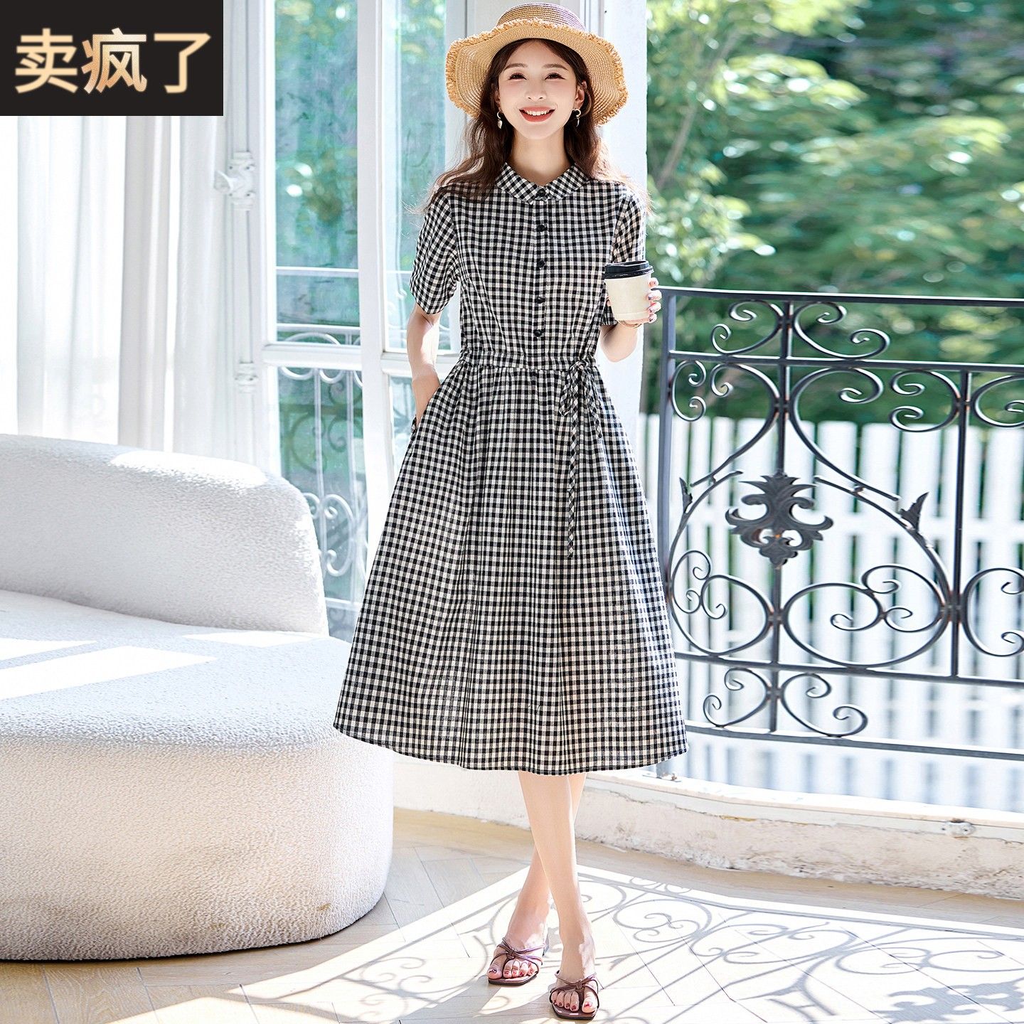 设计感格子棉麻连衣裙女2026新款夏季收腰显瘦中长款翻领衬衫裙子