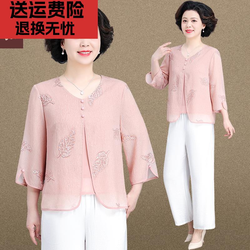 小个子妈妈夏装套装雪纺小衫2025新款中老年女装夏季短袖气质上衣