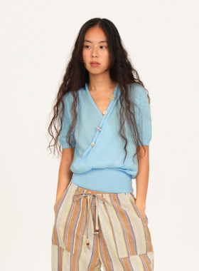 ThingnessV领垂坠感带细闪莱赛尔针织彩色纽扣短袖上衣