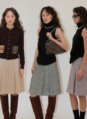THINGNESS人字纹羊毛混纺复古下摆百褶A字裙及膝中裙半裙三色