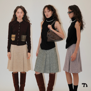 THINGNESS人字纹羊毛混纺复古下摆百褶A字裙及膝中裙半裙三色