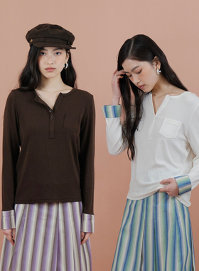 Thingness 亨利衫撞色拼接袖子软糯长袖打底上衣