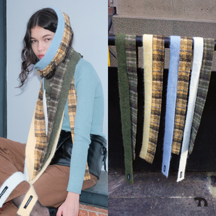 THINGNESS 格纹拼接羊毛针织细条围巾