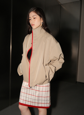 Thingness oversize廓型双开门男女同款红色皮质包边撞色风衣外套