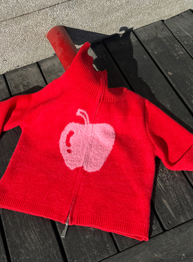 THINGNESS 苹苹安安提花图案双头拉链羊毛短款红色针织开衫