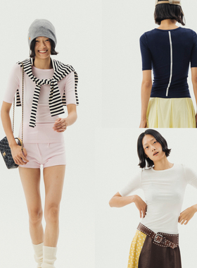 Thingness彩色微透背后银色竖条设计大弹力上衣中袖