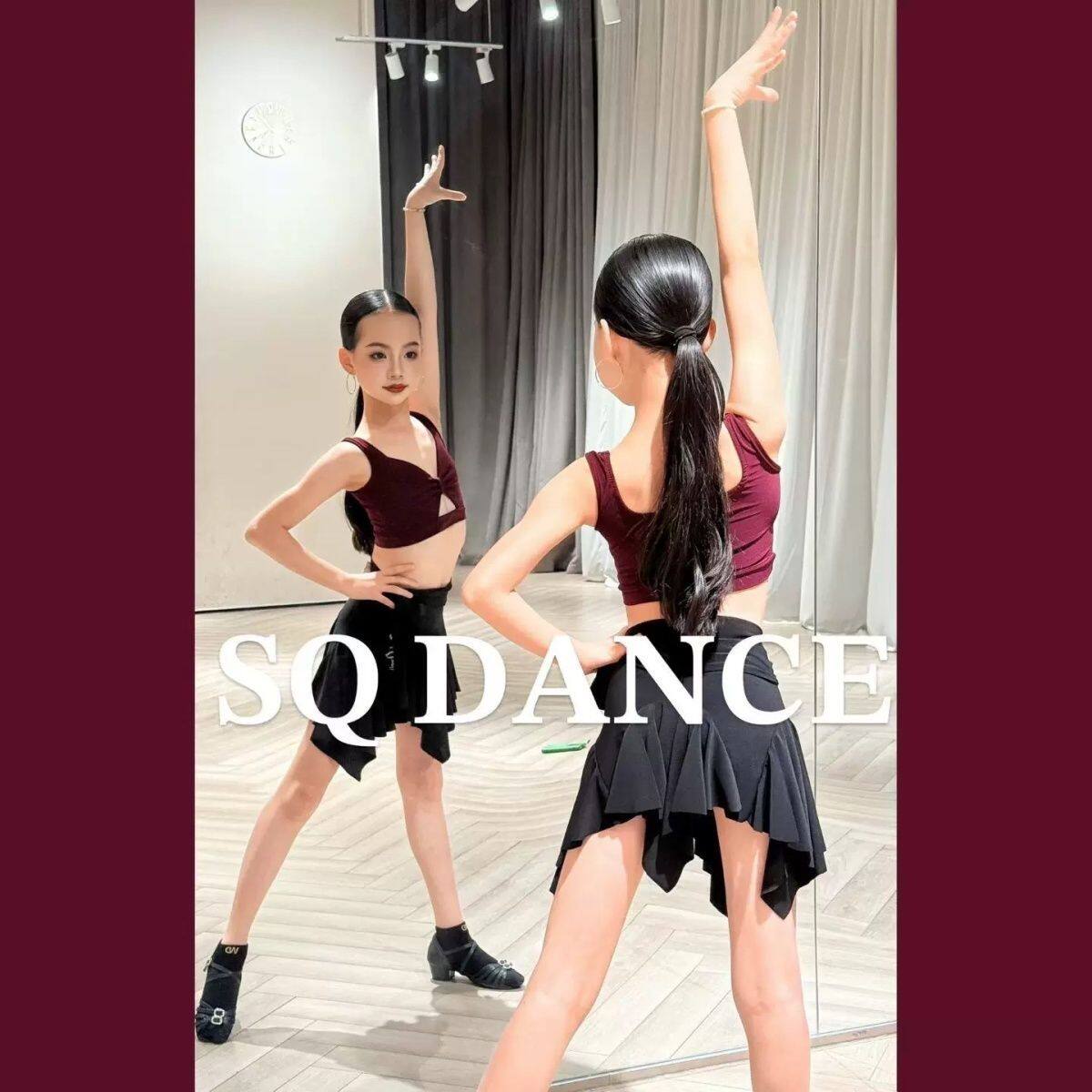 SQ舞服少儿拉丁舞吊带红色短上衣围裙大摆练习服跳舞女童训练服