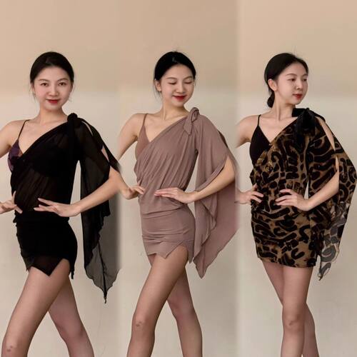 loyal舞服拉丁舞服新款练功服表演服黑裸豹纹斜肩飘袖包臀连衣裙