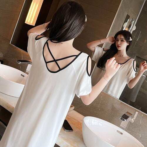 2025年新款300斤纯欲风睡裙女夏季短袖露肩冰丝坑条睡衣夏天薄款