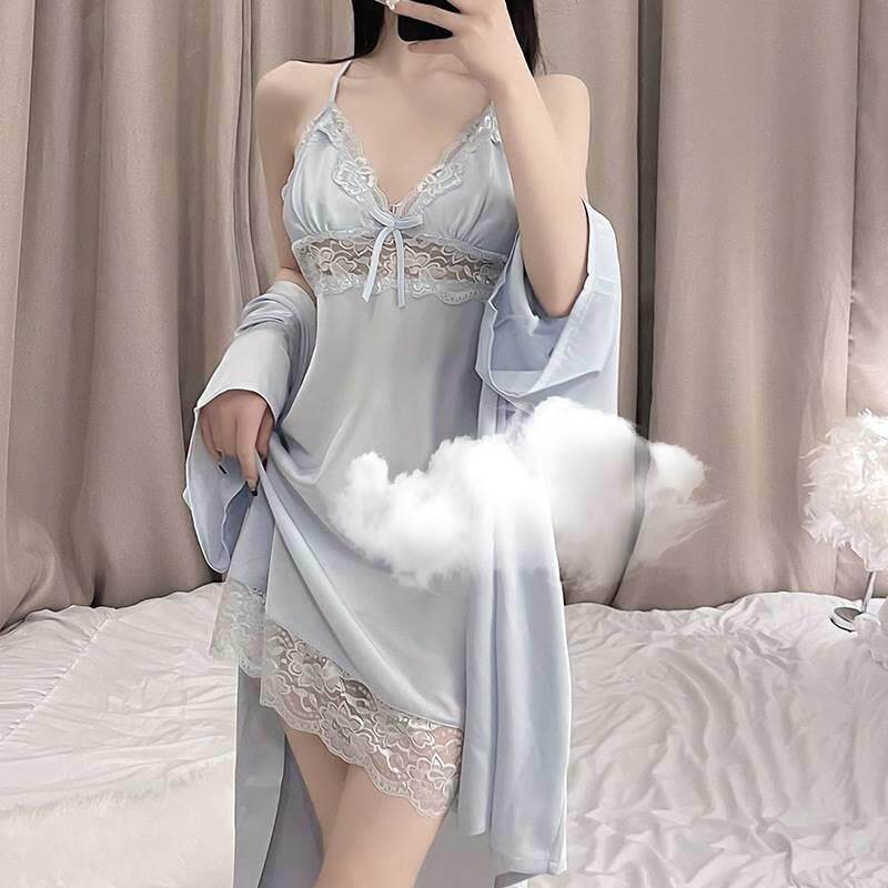 睡2032#-2衣季女夏性感露背吊睡带蕾丝裙睡带袍家居服两件套胸垫