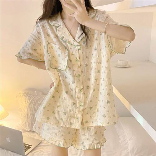 【半夏微凉】日系小清新网红小碎花短袖套装纯棉女夏小个子家居服