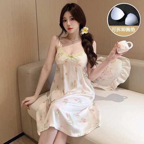 冰雪丝带胸垫睡衣女夏季纯欲风蕾丝吊带睡裙女休闲清凉家居服