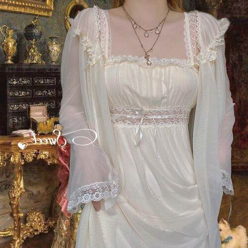 《奶桂飘香》法式复古少女春夏网纱方领睡裙两件套吊带纯欲家居服