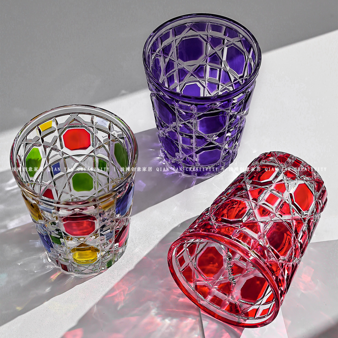 彩色格纹玻璃杯高颜值水杯INS风个性创意高级感家用饮料杯咖啡杯