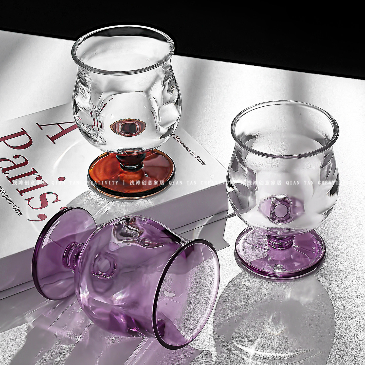 小众复古玻璃杯ins风矮脚杯透明高颜值咖啡杯便携创意红酒杯家用