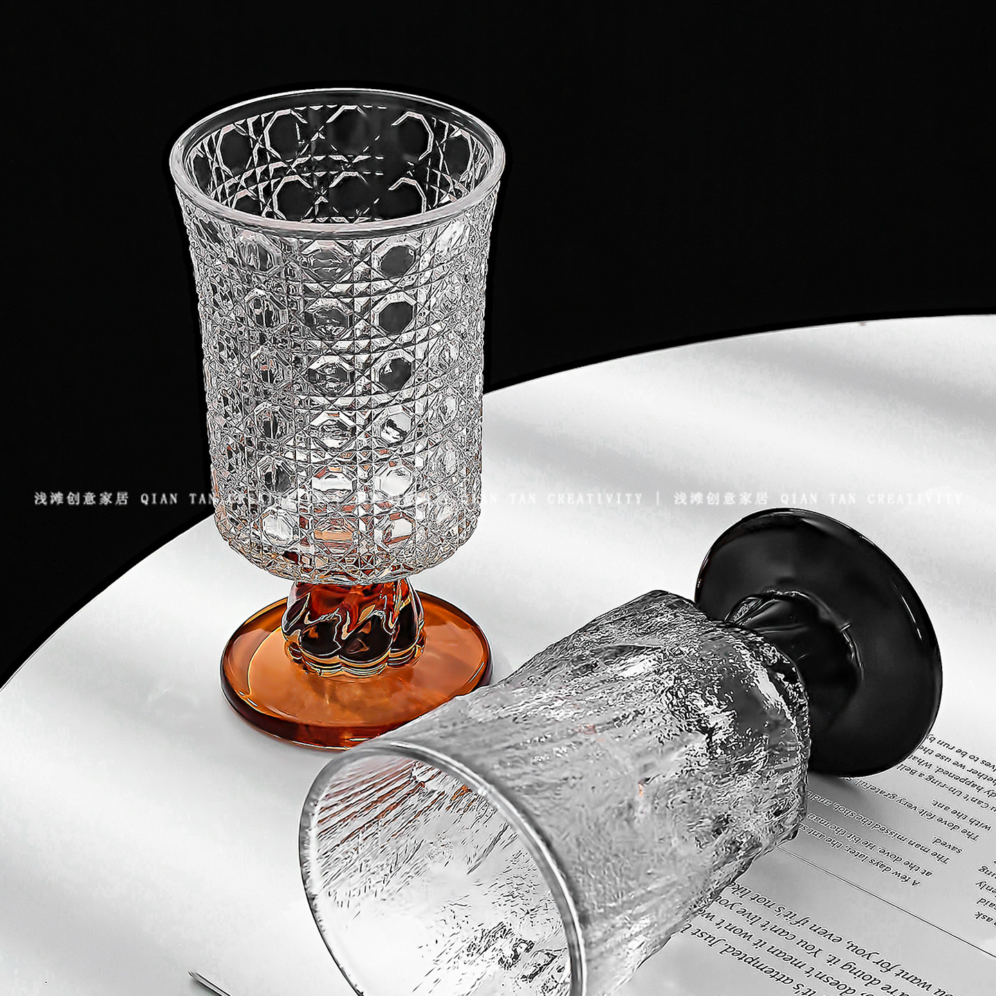 ins创意小众设计菱格纹高脚玻璃杯咖啡杯便携小众设计威士忌酒杯,餐饮具,玻璃杯,淘宝优惠券,粉丝福利购,淘宝优惠卷