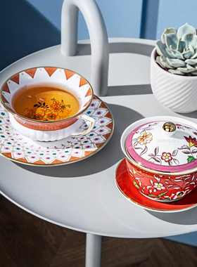 WEDGWOOD威基伍德漫游美境中式骨瓷带盖茶碗结婚送礼敬茶三件套装