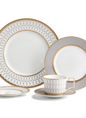 WEDGWOOD威基伍德金粉红粉奢雅灰年华骨瓷杯碟盘五件组餐饮具套装