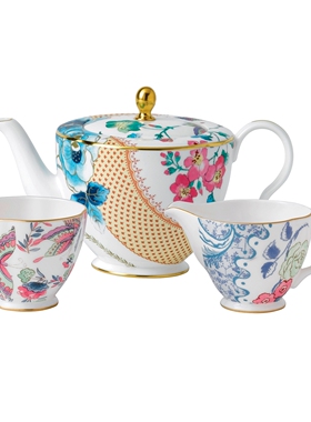 WEDGWOOD威基伍德花间舞蝶骨瓷壶糖奶组合3件组骨瓷茶壶糖罐奶罐