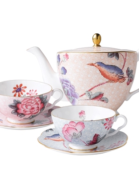WEDGWOOD威基伍德杜鹃骨瓷茶咖啡壶欧式壶带盖单壶一壶两杯碟套装