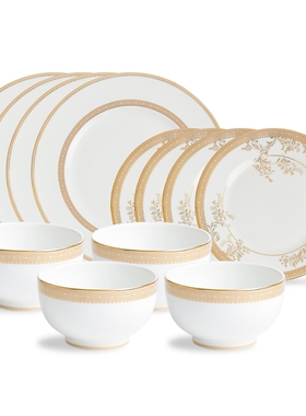 WEDGWOOD威基伍德金色蕾丝两人食餐具10/12骨瓷茶杯碟盘餐具套装