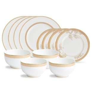 WEDGWOOD威基伍德金色蕾丝两人食餐具10/12骨瓷茶杯碟盘餐具套装