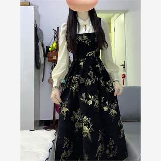 新中式国风黑色假两件秋冬设计女衬衫盘扣春夏气质修身显瘦长裙子