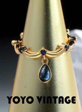 蓝梦欧美复古风法式中古vintage蓝宝石流苏水滴轻奢女款开口戒指