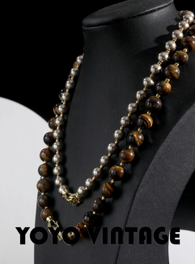 随兴天然虎眼石珍珠轻奢复古风中古vintage欧美美拉德风叠戴项链