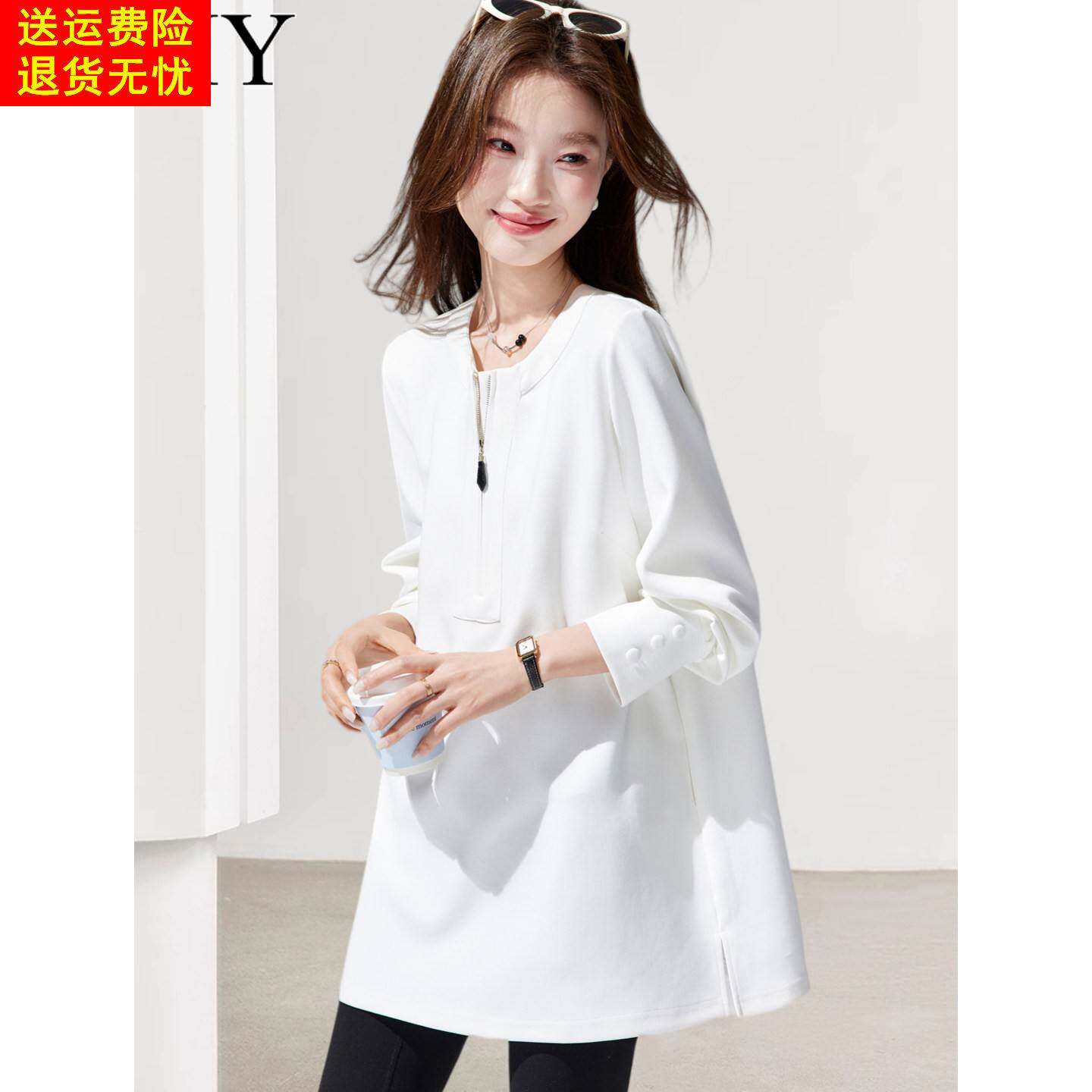 2026春装新款白色基础慵懒风中长款T恤休闲套头微胖遮肚子上衣女