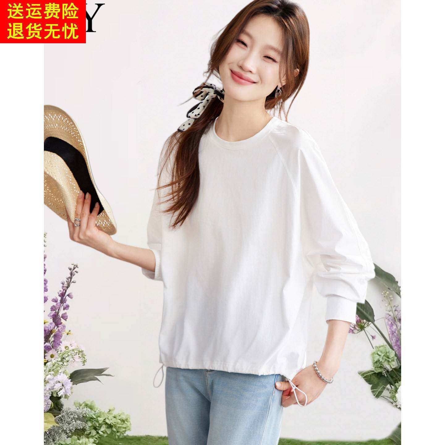 2026春装新款设计感纯棉白色基础款抽绳T恤宽松休闲微胖遮肉上衣