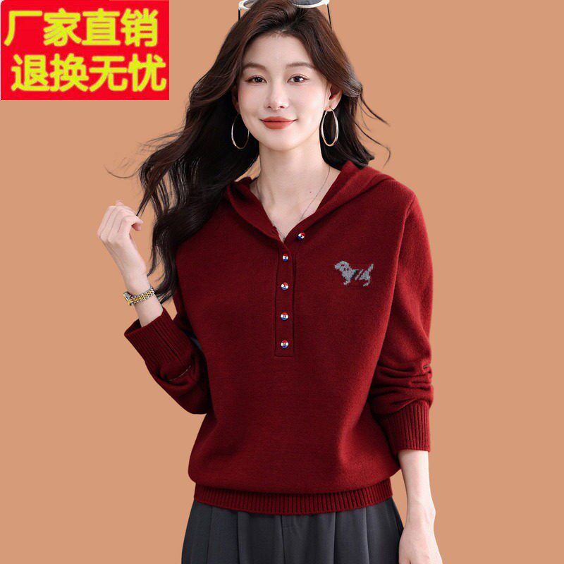 连帽刺绣毛衣女秋冬新款宽松外穿带帽卫衣短款羊毛针织打底衫上衣