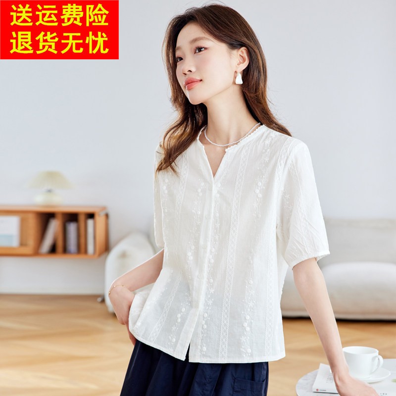 白色纯棉绣花短袖衬衫女2025新款夏季独特超好看洋派减龄短款上衣