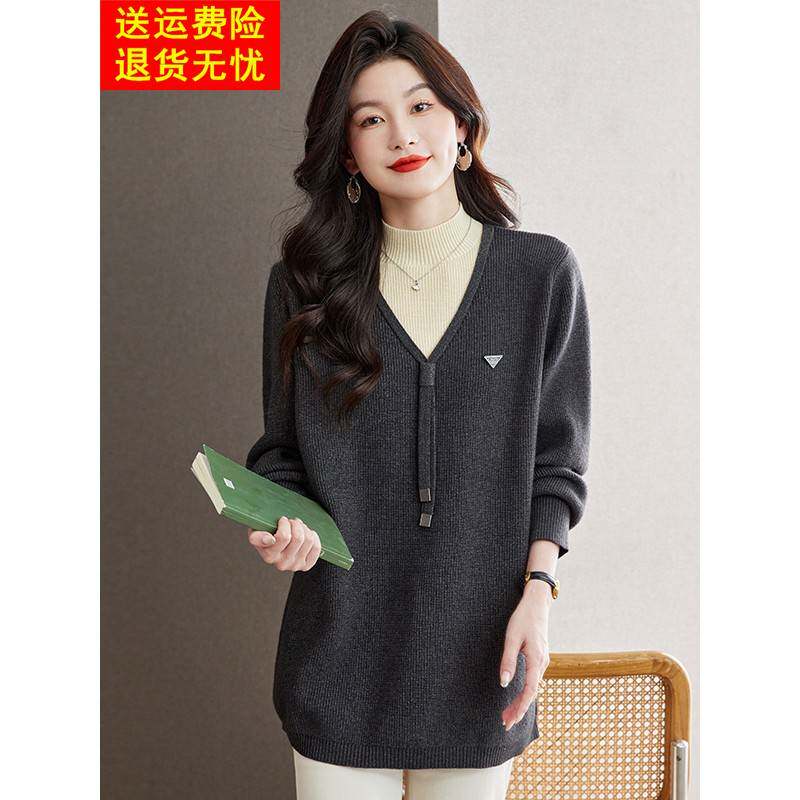 半高领羊毛衫假两件套毛衣女秋冬中长款打底衫毛衣裙宽松大码女装