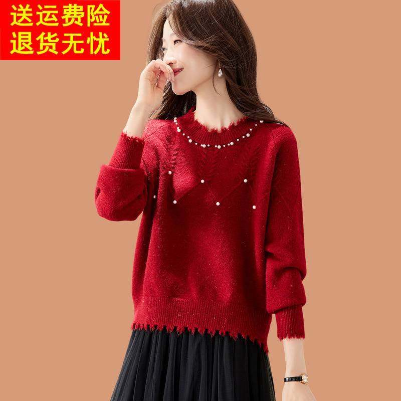 氛围感红色钉珠毛衣女秋冬可外穿2025新款短款内搭羊毛针织打底衫