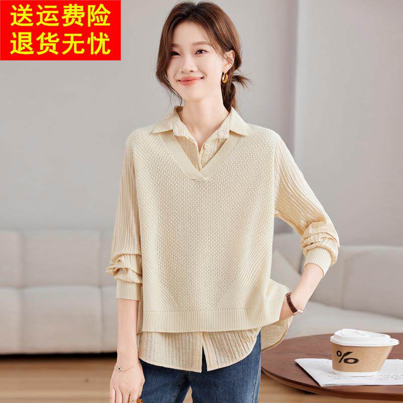 长袖衬衫女2025新款早秋气质卫衣时尚洋气独特别致假两件春秋上衣