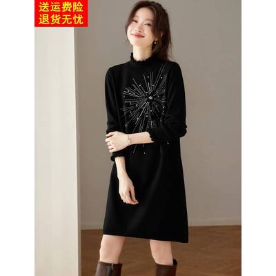 镶钻毛衣女秋冬中长款打底衫毛衣裙羊毛衫宽松大码女装半高领秋冬