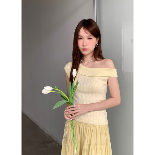 衣尔衫 特别邀请 一字领羊毛修身T恤女短袖斜肩氛围感韩系夏YE074