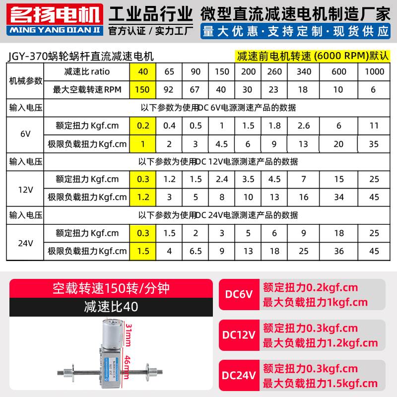 蜗轮蜗杆直流减速电机24v12v6v名扬电机jgy370m6螺杆双轴低速马达