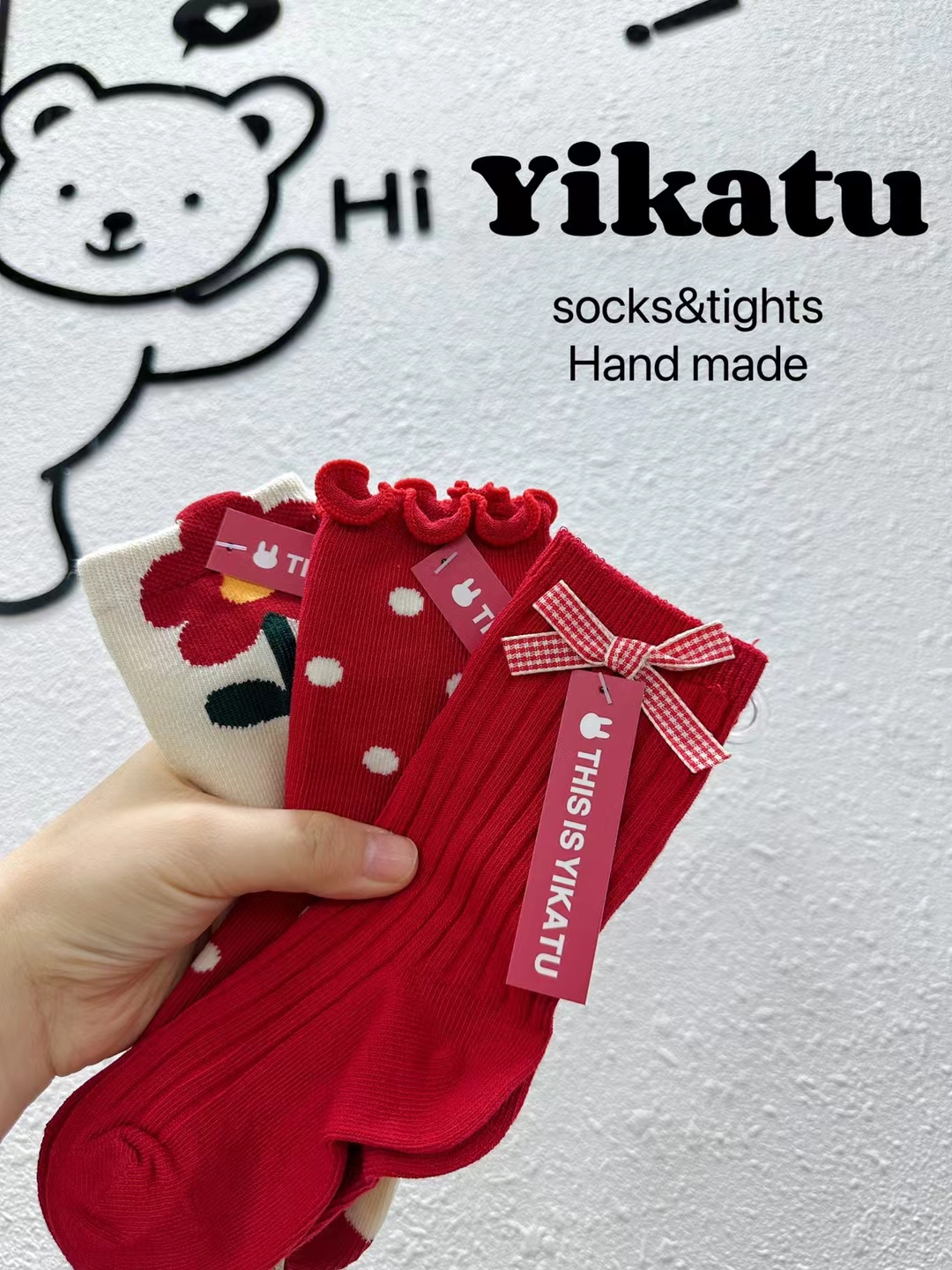 伊卡兔2025秋冬新款儿童袜点点小花蝴蝶结中筒袜新年圣诞红袜子潮