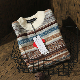 100%纯羊毛毛衣男士重磅加厚羊毛衫 保暖复古条纹针织衫提花加绒