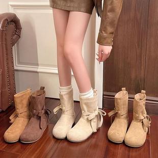 复底古时尚 瘦圆头系带蝴蝶结软舒适马丁靴女 百搭2秋短筒瘦靴025季