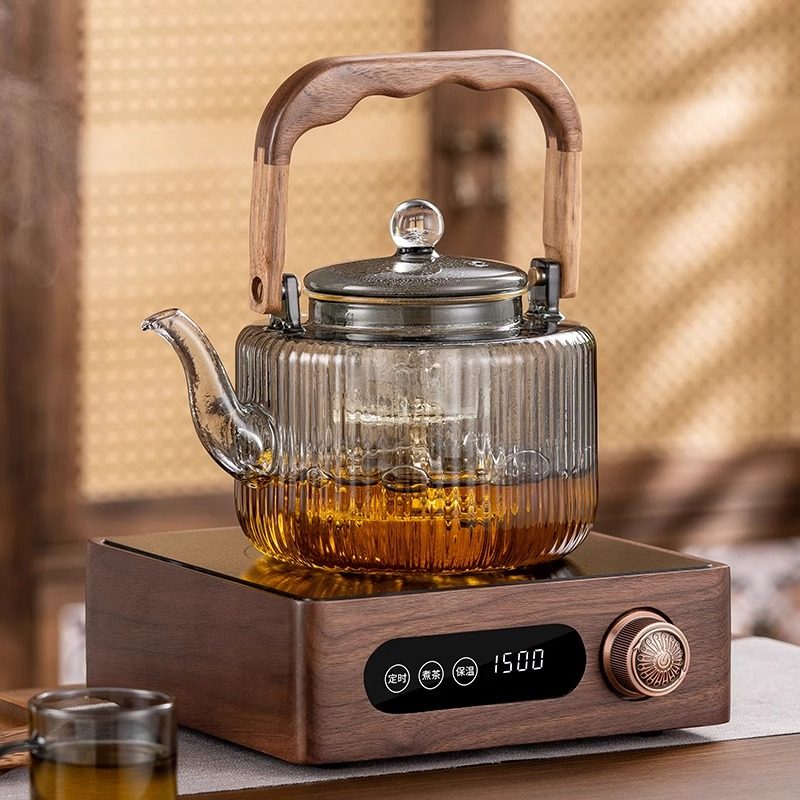玻璃煮茶壶喷淋式蒸汽电热煮茶器煮茶炉胡桃木电陶炉蒸煮一体套装