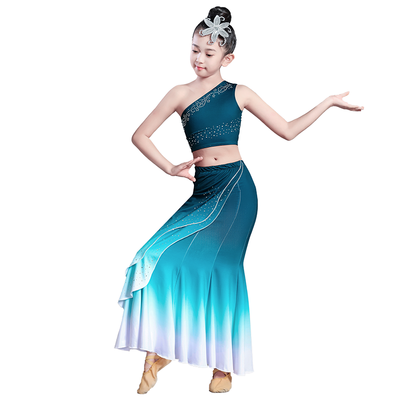 儿童傣族舞蹈服女童傣族服装少儿民族孔雀舞包臀鱼尾裙演出服