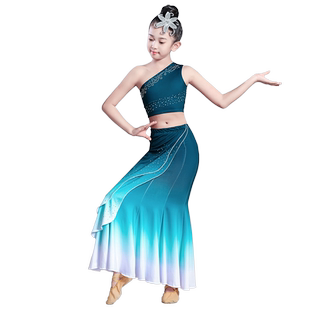 儿童傣族舞蹈服女童傣族服装少儿民族孔雀舞包臀鱼尾裙演出服