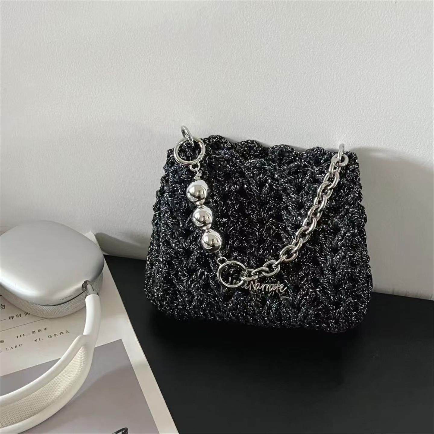 超配裙子手工夏日碎银子人字纹流银棉线亮闪手拎包手机编织包百搭