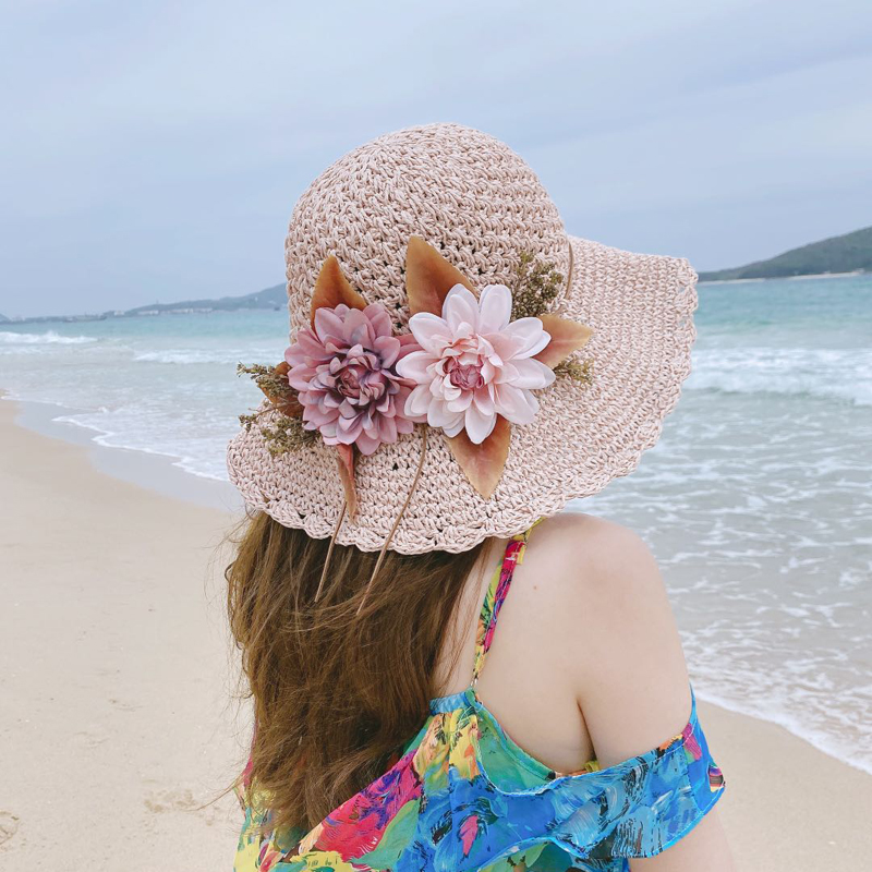 帽子女夏天手工编制带花朵草帽小清新田园风出游沙滩帽防晒遮阳帽