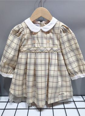 清仓款韩版童装童裙春秋款女宝宝格子长袖连衣裙+安全裤翻领可爱