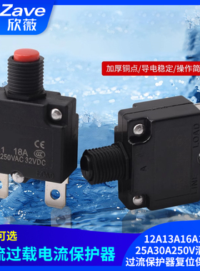 电流过载12A13A16A18A25A30A250V清洗机过流保护器复位保险开关