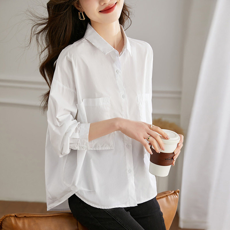 2026春夏新款白色纯棉衬衫女设计感小众长袖宽松休闲衬衣气质上衣